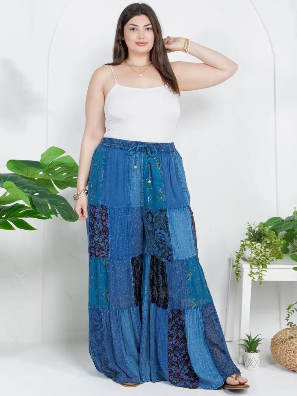YOUNG THREADS Boho Patchwork Wide Leg Palazzo Pants - Blue